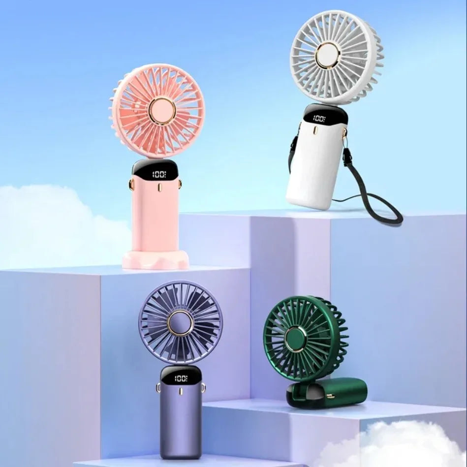 portable Handheld Mini Fan Foldable Portable Desk Outdoor Neck Hanging 5 Speed USB Rechargeable Fan Phone Stand Display Screen