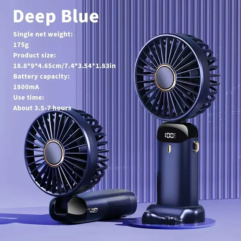 portable Handheld Mini Fan Foldable Portable Desk Outdoor Neck Hanging 5 Speed USB Rechargeable Fan Phone Stand Display Screen