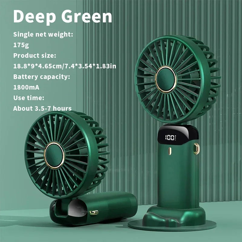 portable Handheld Mini Fan Foldable Portable Desk Outdoor Neck Hanging 5 Speed USB Rechargeable Fan Phone Stand Display Screen