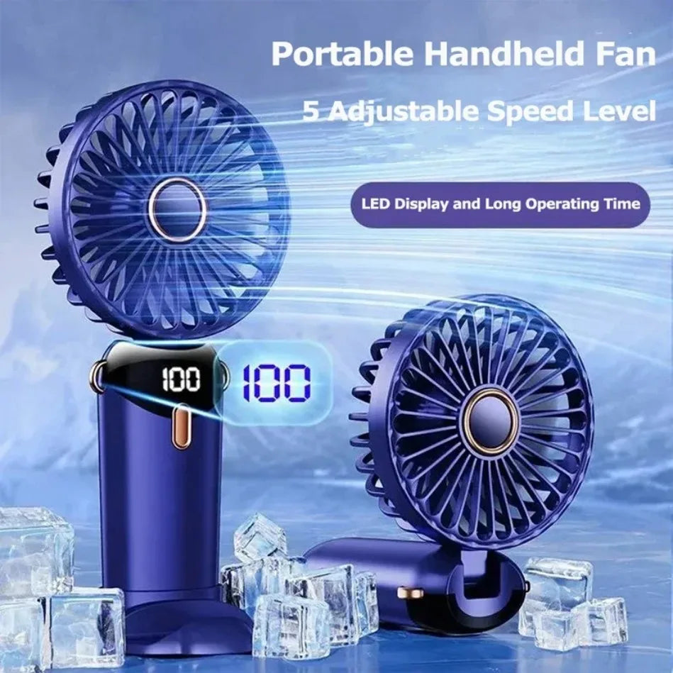 portable Handheld Mini Fan Foldable Portable Desk Outdoor Neck Hanging 5 Speed USB Rechargeable Fan Phone Stand Display Screen